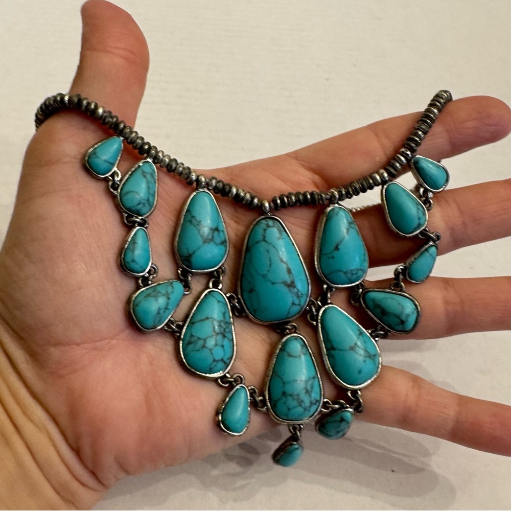 Lucky Brand Signed Faux Turquoise Stone Silver Tone Jewelry Chunky Boho Necklace - Picture 15 of 16